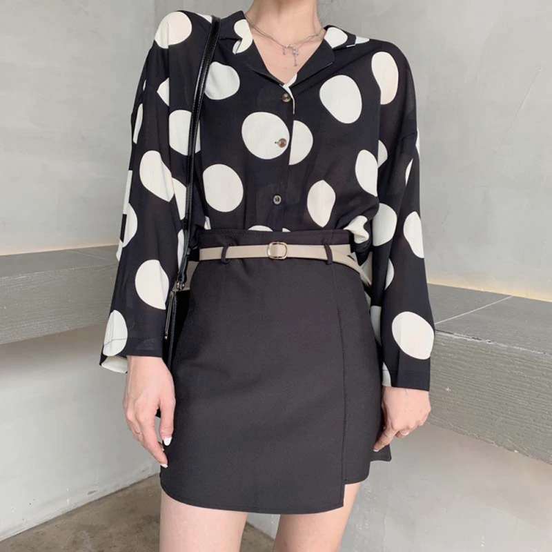 Женская шифоновая блузка в крупный горошек свободная винтажная Повседневная