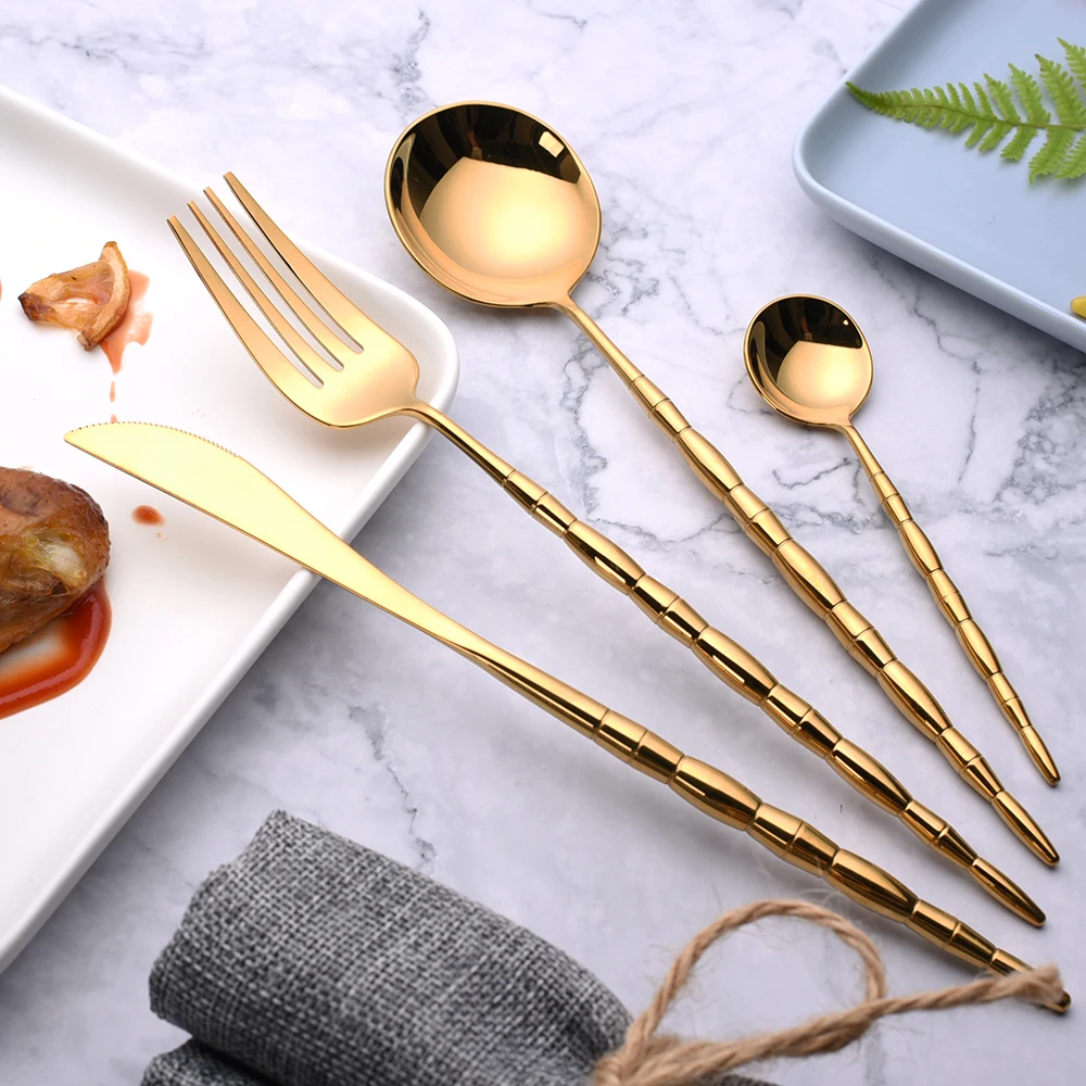 

Hot Sale 4 pieces Bamboo Portugal gold Dinnerware 304 Stainless Steel Western Cutlery Kitchen Food Tableware Dinner Set