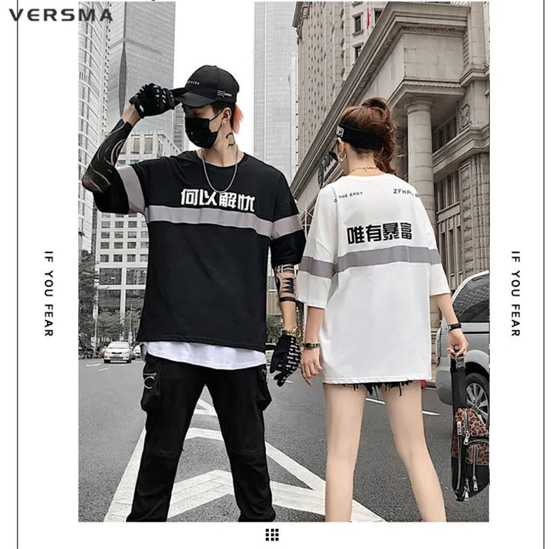 VERSMA корейская Harajuku Светоотражающая светящаяся китайская печатная Футболка мужская летняя Высокая улица K поп винтажная парная Футболка мужская