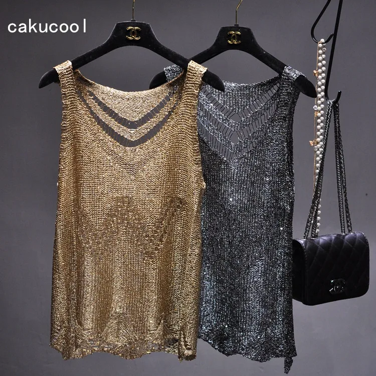 

Cakucool new Gold Lurex knitted Summer clothes Hollow out Holes Sexy Tank Top camis Bling Basic Camisole Vintage clothing women