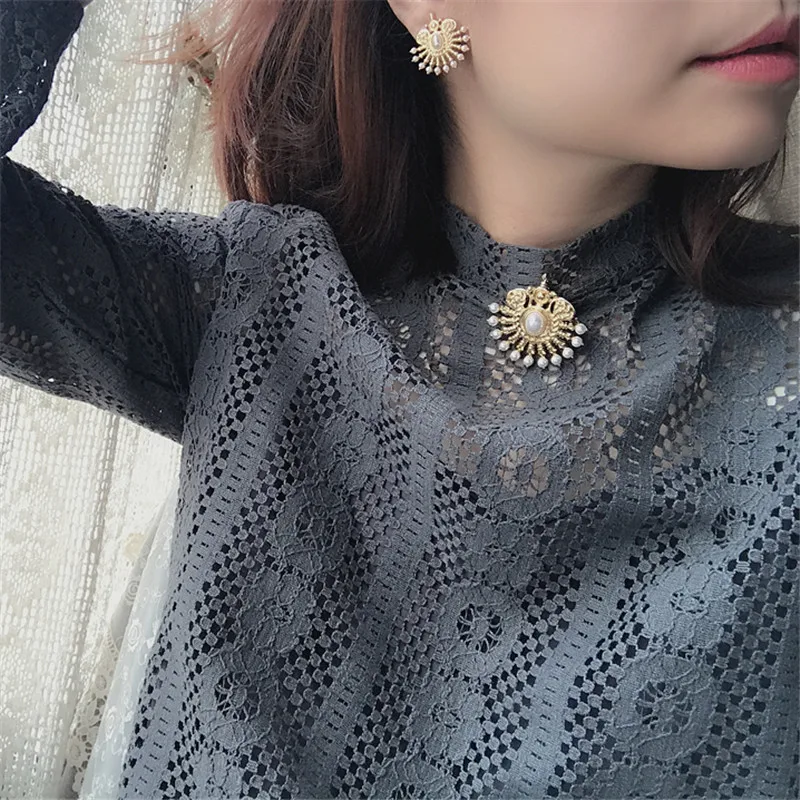 Серьги пусеты с искусственным жемчугом в стиле ретро модная брошка открытым