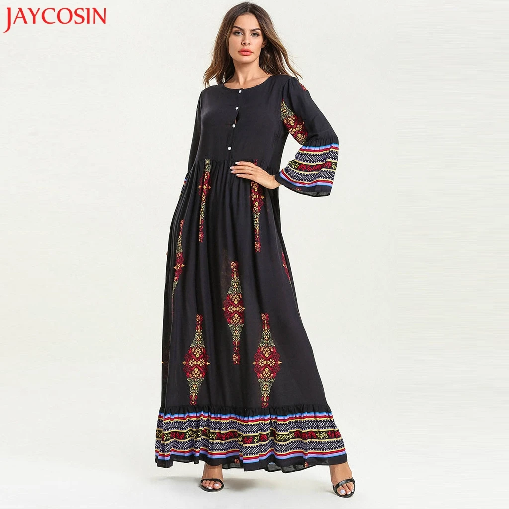 JAYCOSIN женское мусульманское длинное хлопковое Макси платье с цветочным принтом