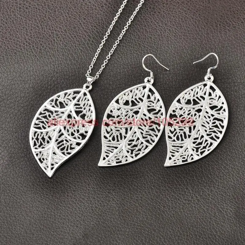 

Cheapest Jewelry Sets Real Pure Genuine 925 Sterling Silver Jewelry Set Leaf Pendant Necklaces Hook Earrings Leaves Fashion