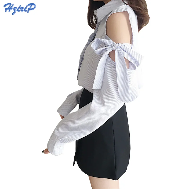 Hzirip осень 2017 г. Для женщин Свободные Рубашка в полоску голубой бант офисные