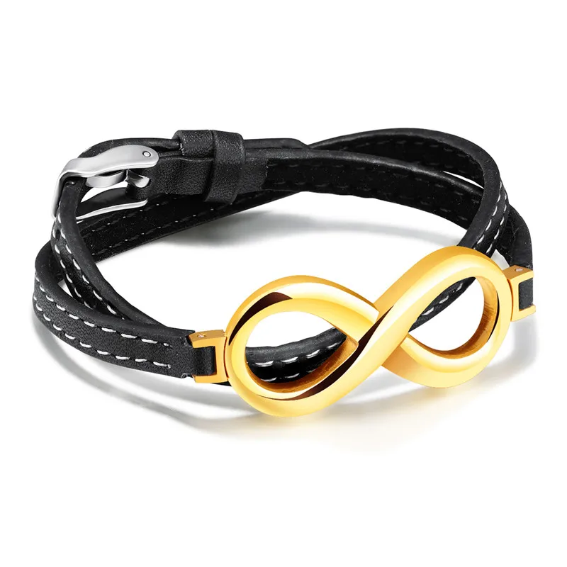 

LINSOIR 2019 New Gold/Silver Color Stainless Steel Infinite Charm Bracelet for Men Fashion Genuine Leather Bracelet Men Jewelry