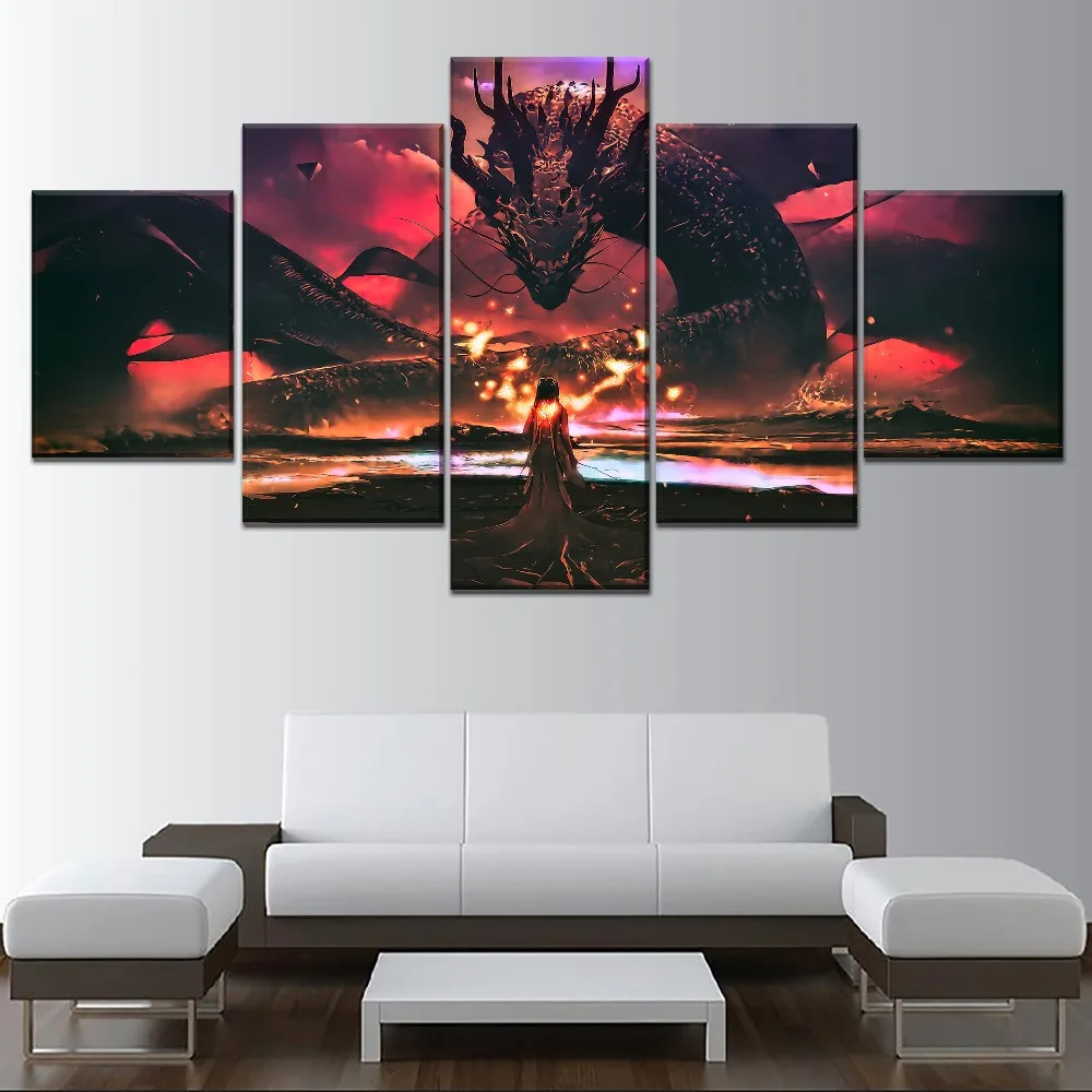 Fantasy Dragon And Girl Painting 5 Piece Style Canvas Print Type Picture Modern Home Decorative Wall Artwork Poster Framework | Дом и сад