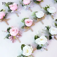 yo cho white pink wedding wrist corsages flower suit wedding decor silk rose groom flower boutonnieres marriage prom brooch pins