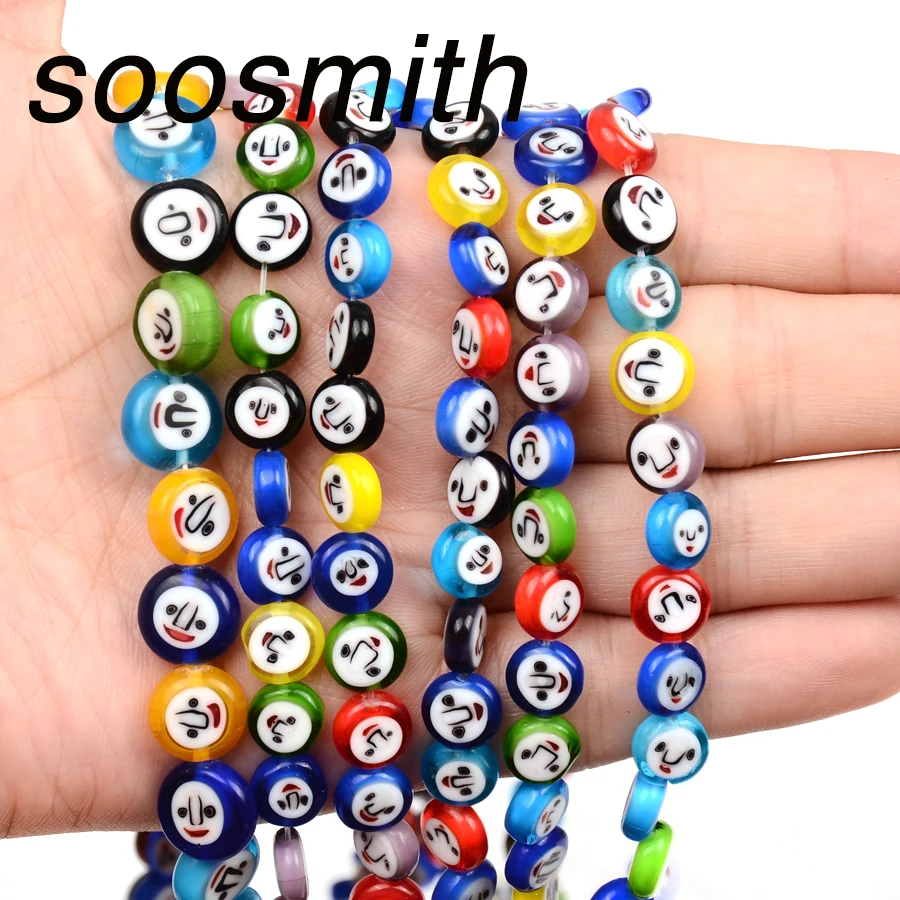 Красочные плоские круглые стеклянные бусины с улыбкой лэмпворк каменные для