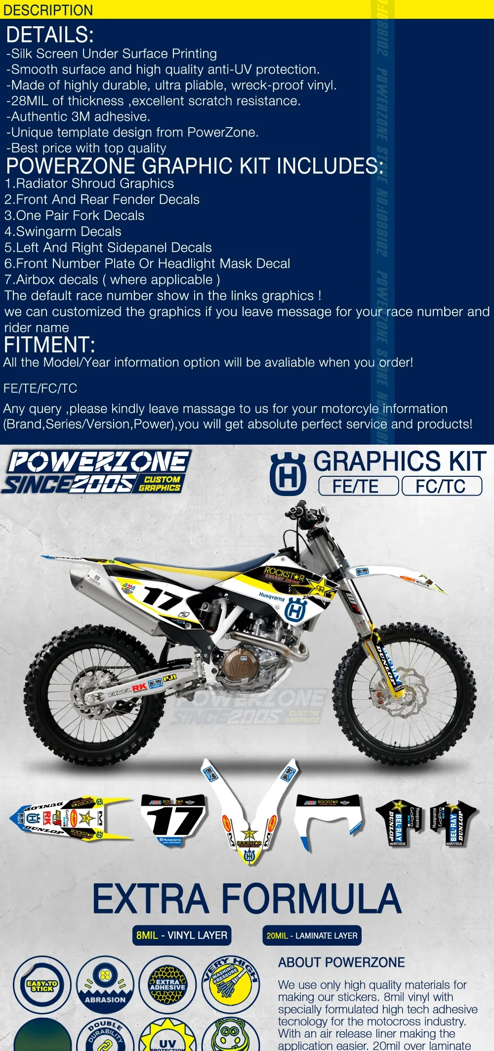 PowerZone графика команды на заказ Фоны наклейки 3m наклейки на заказ для Husqvarna до FE TE FC TC 250 к 500cc 12