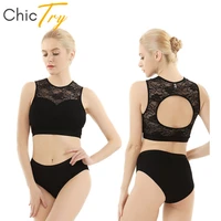 chictry women sleeveless back hollow activewear lace suits pole dance clothing hot shorts crop tops set fitness dance costume