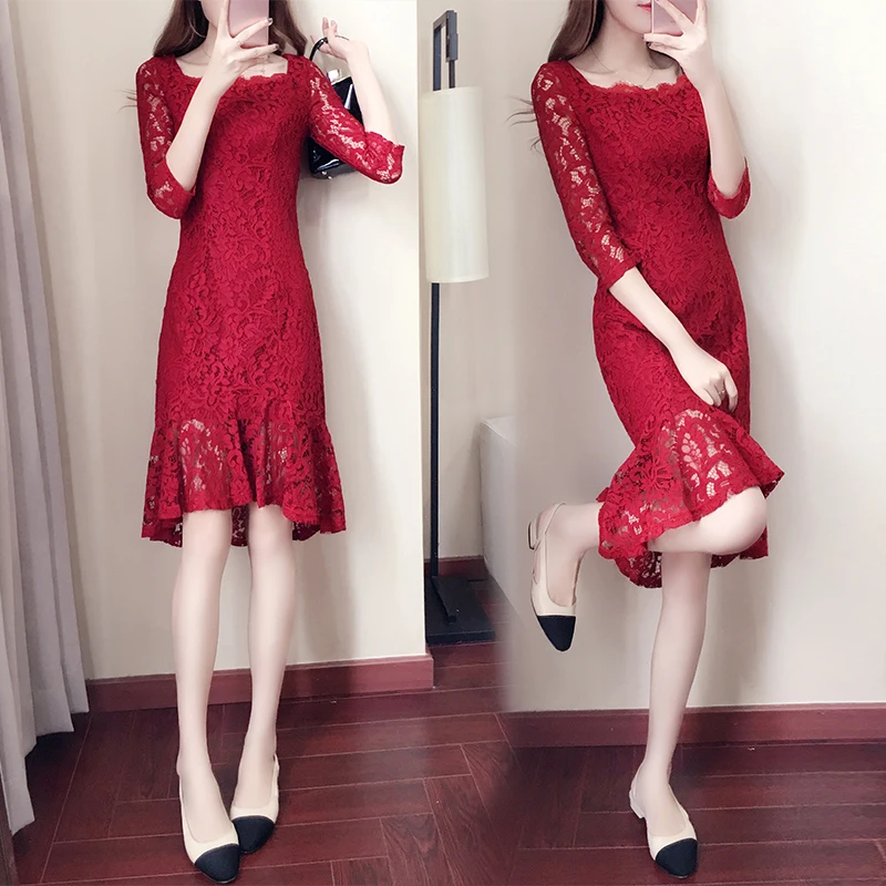 Новинка 2018 весеннее женское платье модное кружевное с семью рукавами тонкое