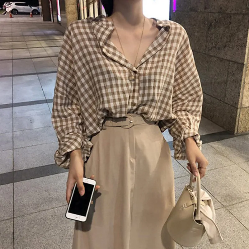 Женская хлопковая блузка с рукавом летучая мышь Повседневная Блузка в клетку