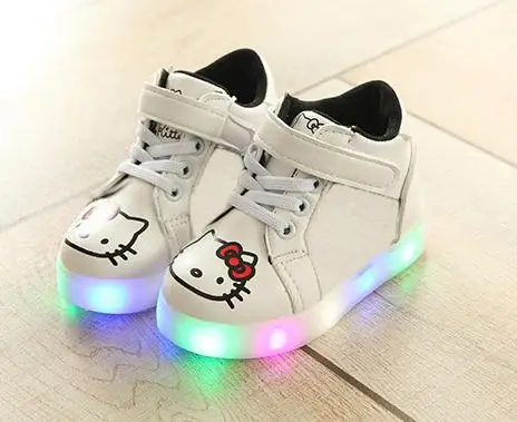 2017 милые ботинки с рисунком котенка яркая светящаяся обувь Модные ботильоны для