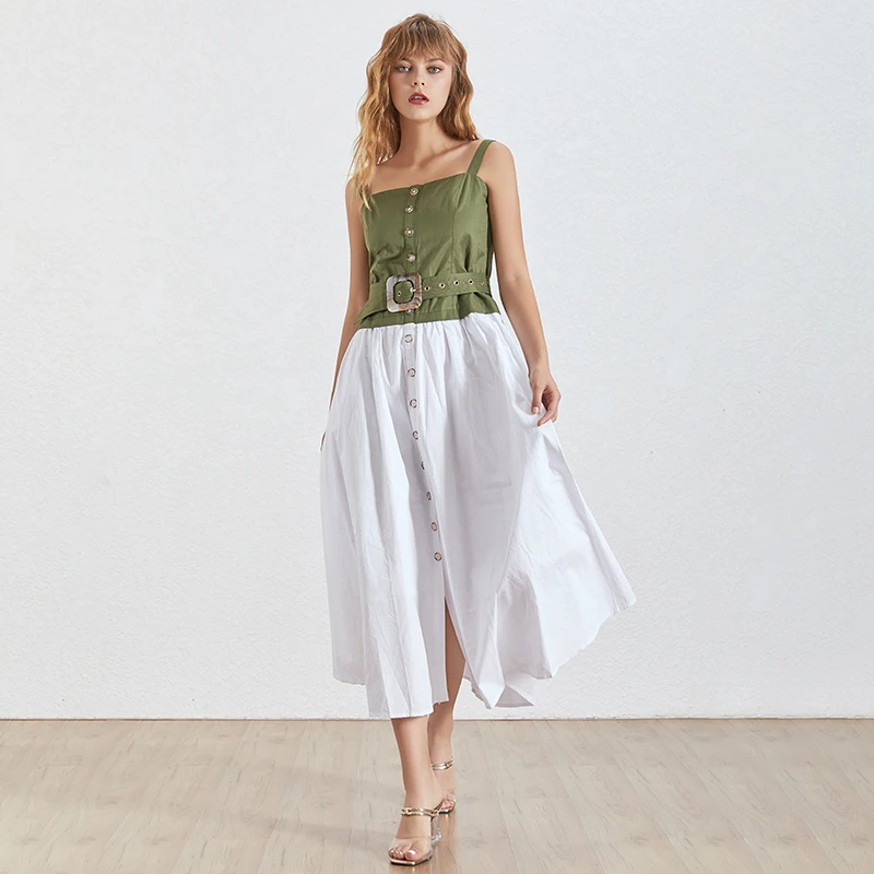 Платье-трапеция TWOTWINSTYLE летнее платье с открытыми плечами без рукавов поясом 2019 |