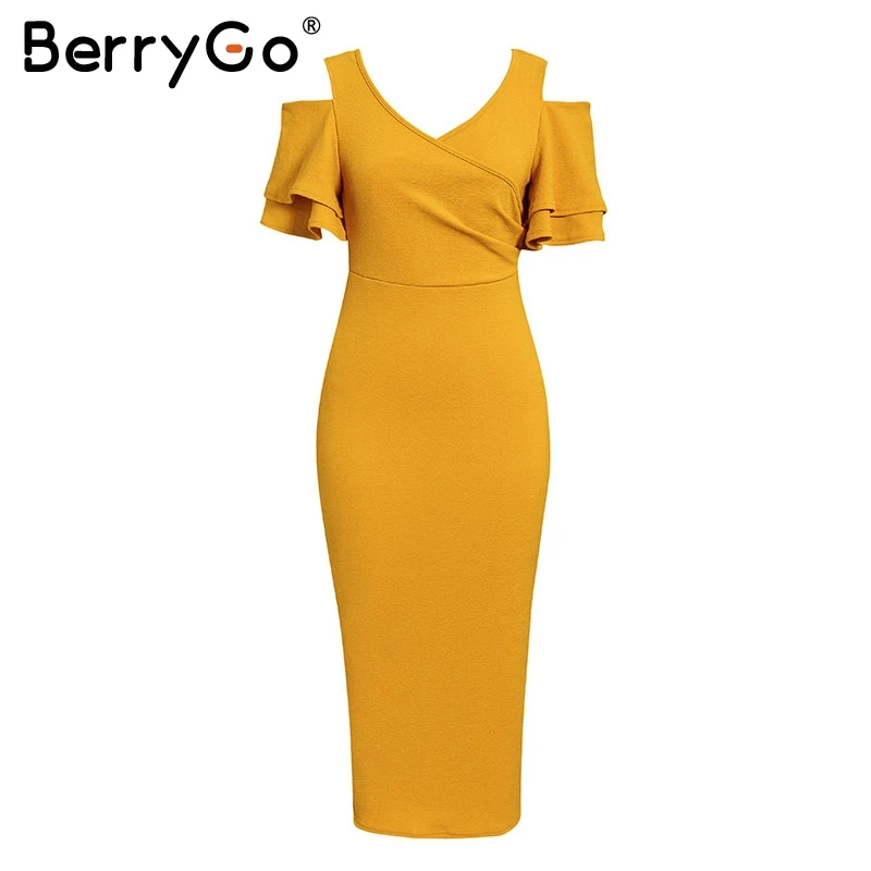 BerryGo Элегантное летнее платье с открытыми плечами женское сексуальное v образным