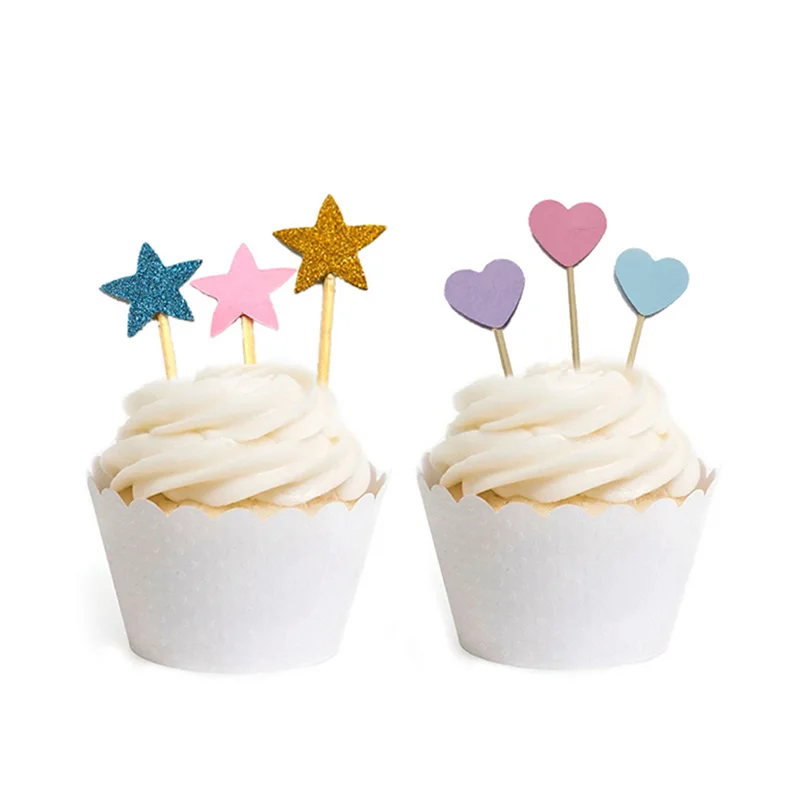 

20 Pcs Handmade Lovely Glitter Heart Star Cupcake Toppers Birthday Wedding Party Decoration Cake Decoration Food Picks Supplies