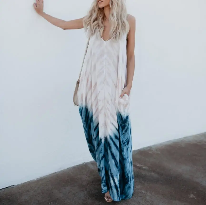 Женское длинное платье в стиле бохо с v-образным вырезом и карманами свободное