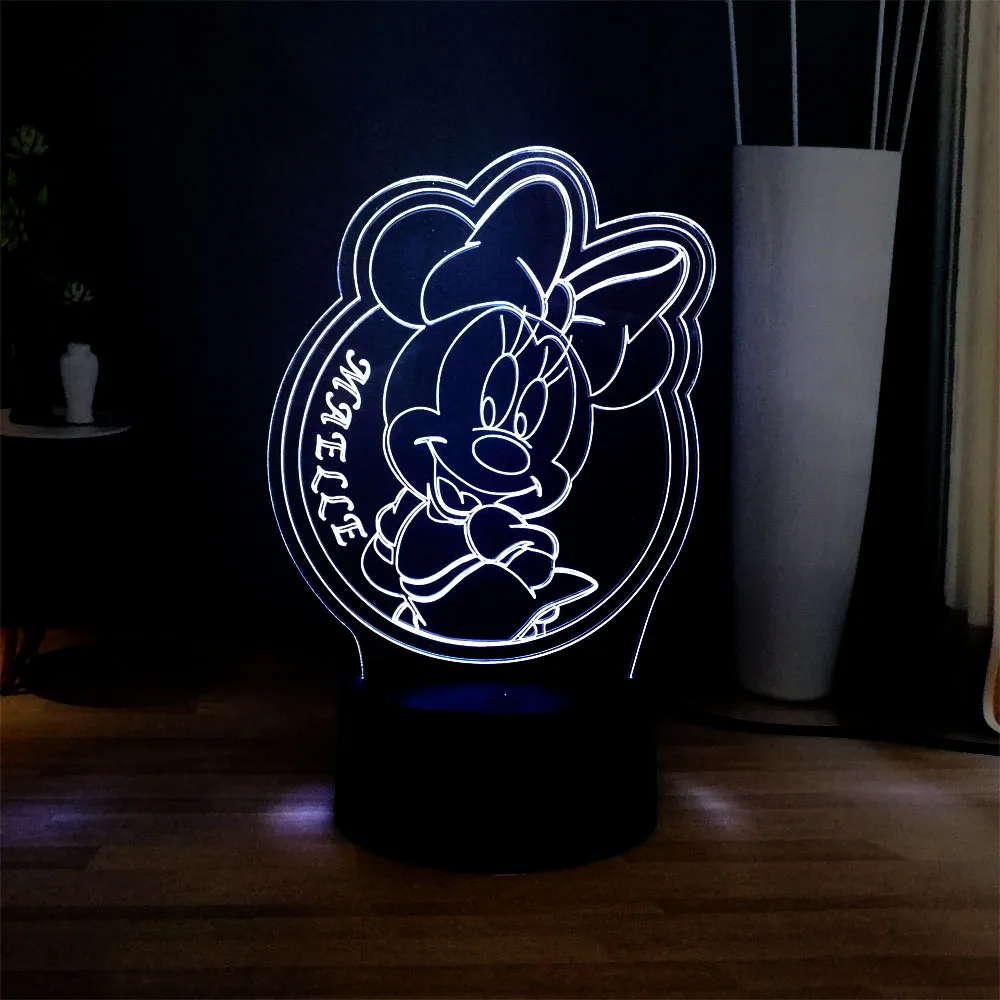 3D иллюзия светодиодный ночник милый мультфильм Минни голова 7 цветов Изменение USB