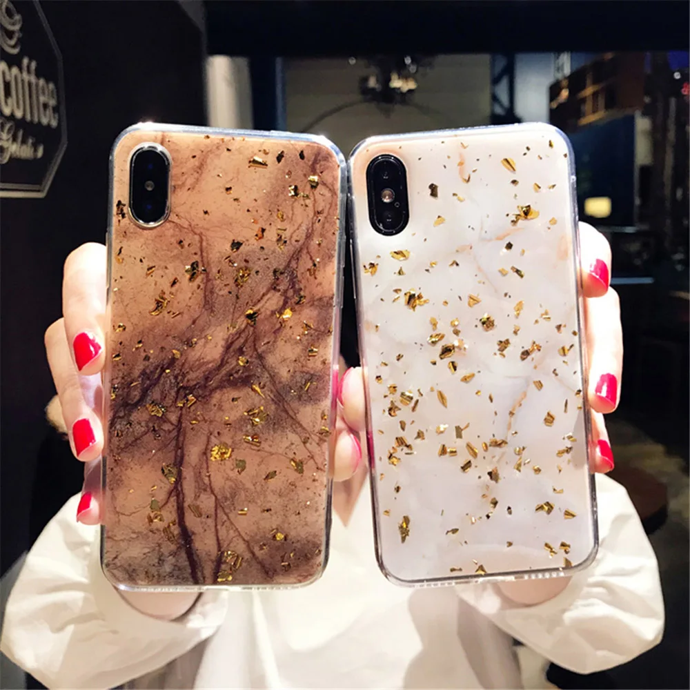 Gold Foil Bling Marble Phone Case For iPhone 6 7 8 Plus X XR XS Luxury Glitter Soft TPU with Film |