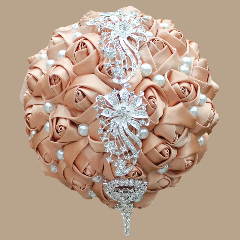 

Luxury Bridal Bridemaids Bouquet Coffee Color Flower Rhinestone Brooch Wedding Bouquets Floral Satin Rose Flowers Holding Flower