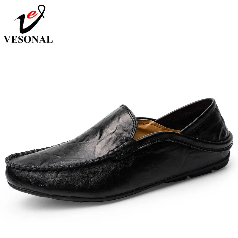 VESONAL Genuine Leather Spring Summer Driver Male Loafers Shoes For Men Flat Adult Breathable Light Moccasins Soft Boat Footwear | Обувь