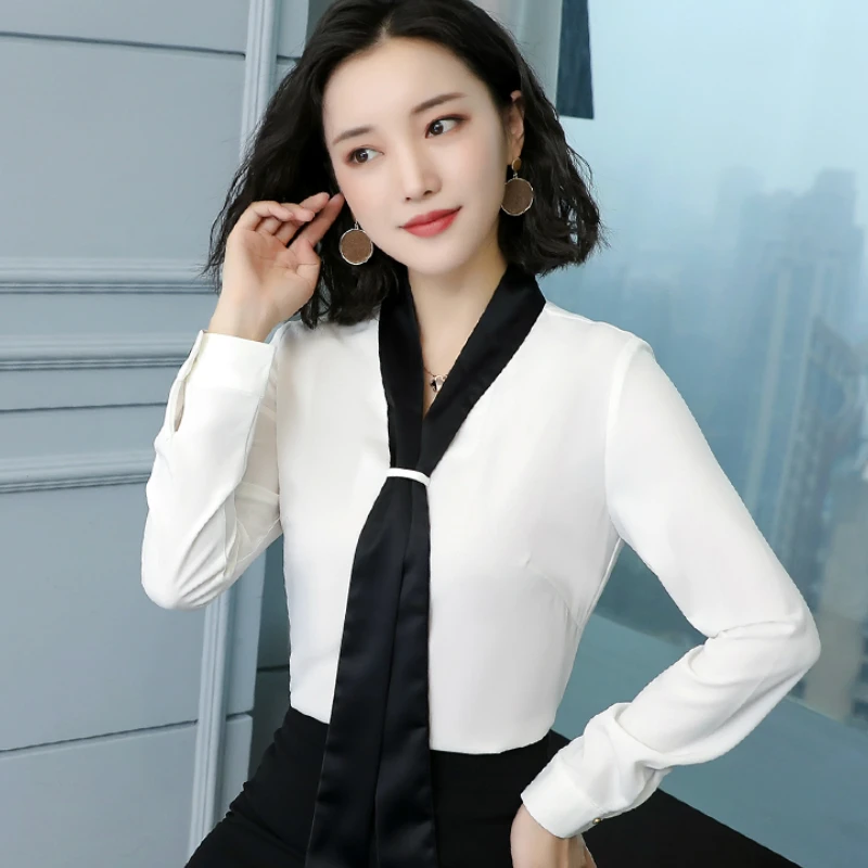 Модная женская одежда с v образным вырезом Офисная белая блузка женские блузки