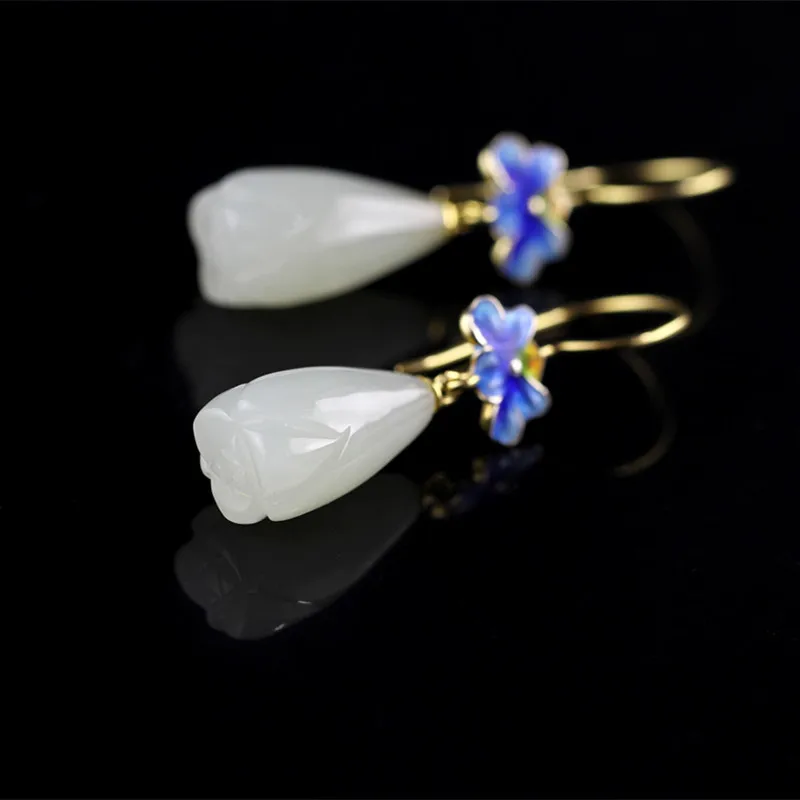 2019 Real Jade Golden Color Lotus Drop Earrings For Women Elegant 925 Sterling Silver Fine Jewelry Christmas Gift | Украшения и