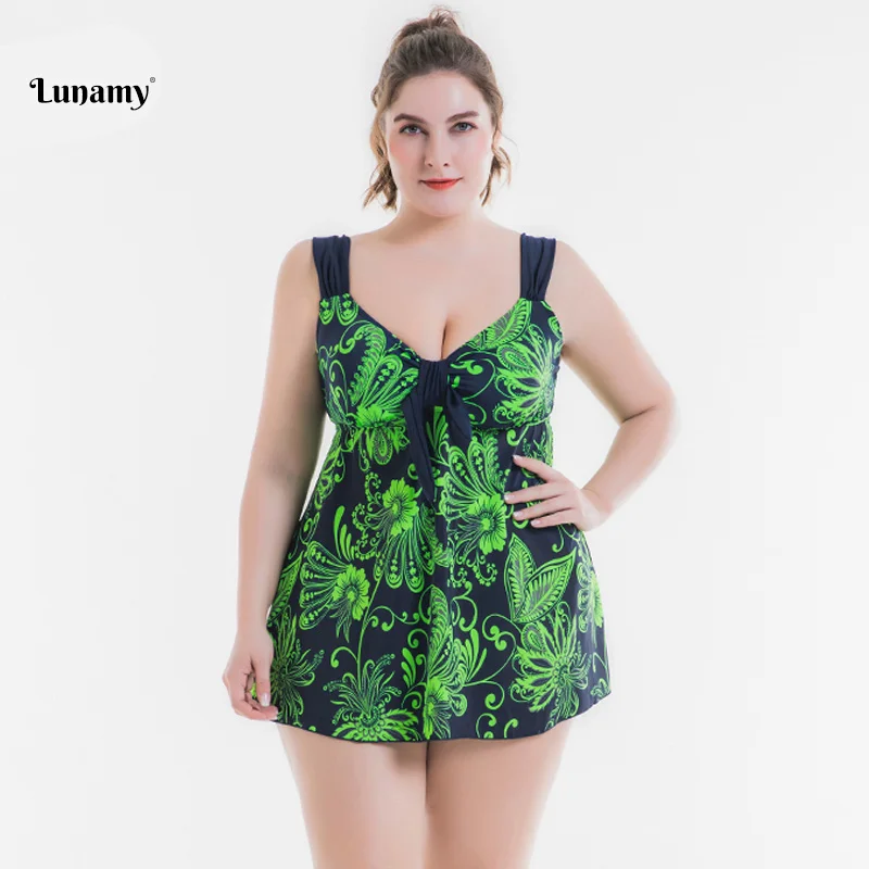 58-66/4XL-8XL размера плюс слитный купальник женский с узлом на груди бандаж цветочный принт юбка большой размер пляжное платье большой размер купальники - Цвет: R5201-Green