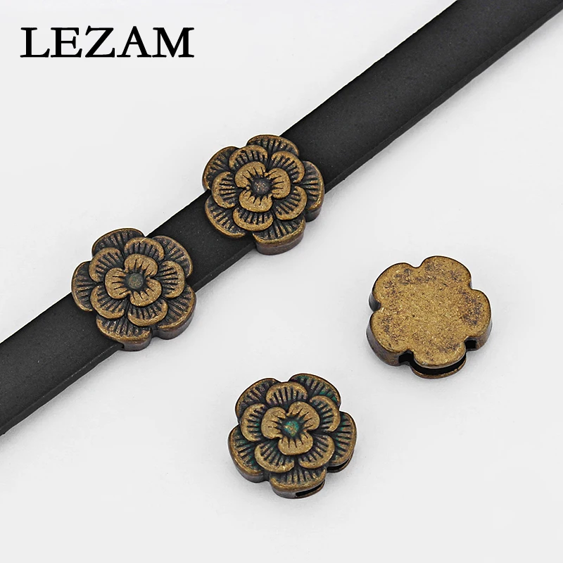 

10pcs Antique Bronze The Plum Blossom Charms Beads Slider Spacers For 10/5*2mm Flat Leather Cord Bracelet Jewelry Fittings