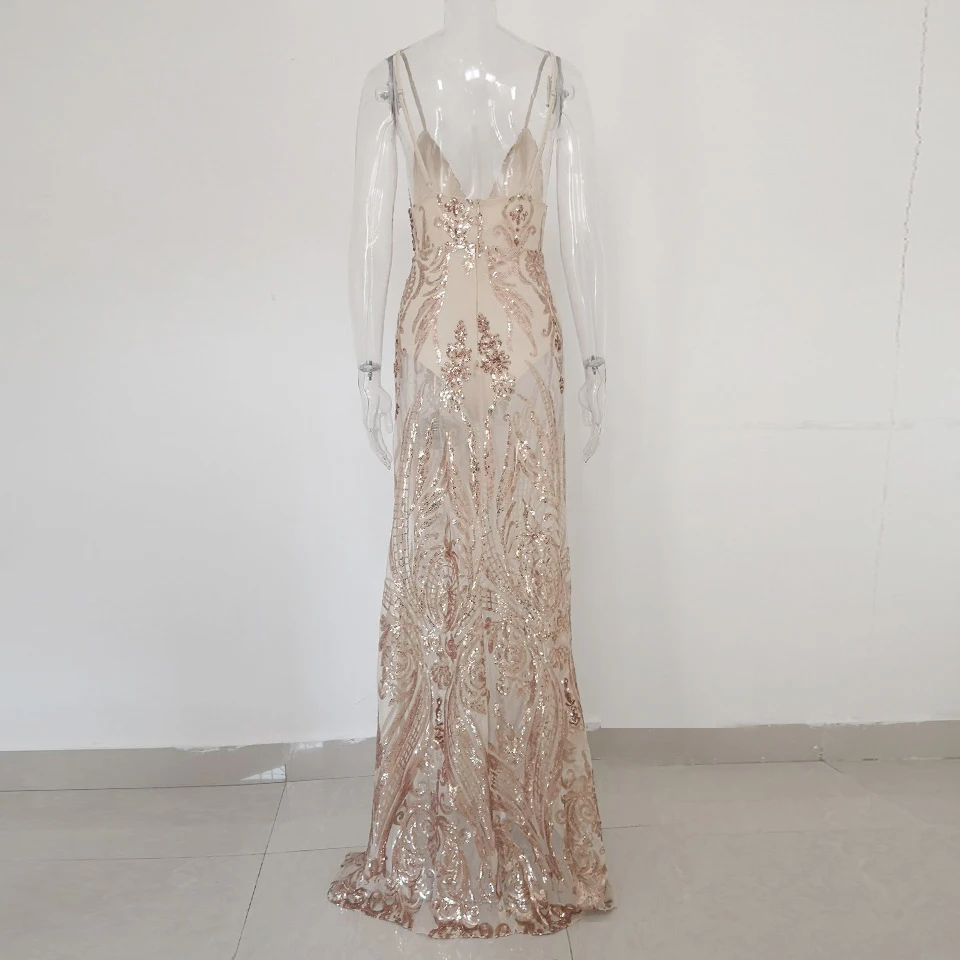 Модное Вечернее платье с золотыми блестками для женщин, Vestidos De Festa, с v-образным вырезом, на тонких бретелях, с разрезом, макси платье, женское Клубное сексуальное длинное платье