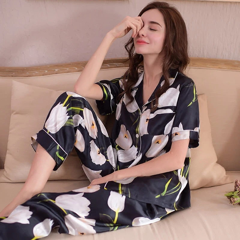Genuine Silk Women's Pajamas 100% Silk Sleepwear High Quality Printed Black Short-Sleeved Pyjama Pants Two-Piece Sets T8154