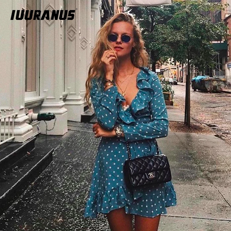 Платье IUURANUS летнее винтажное мини платье с длинным рукавом и оборками Бандажное