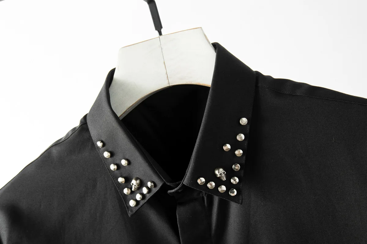 Summer Mens Shirts Luxury Skull Rivet Solid Color Short Sleeve Dress Plus Size 4xl Party Night Club Slim Shirt Man | Мужская одежда