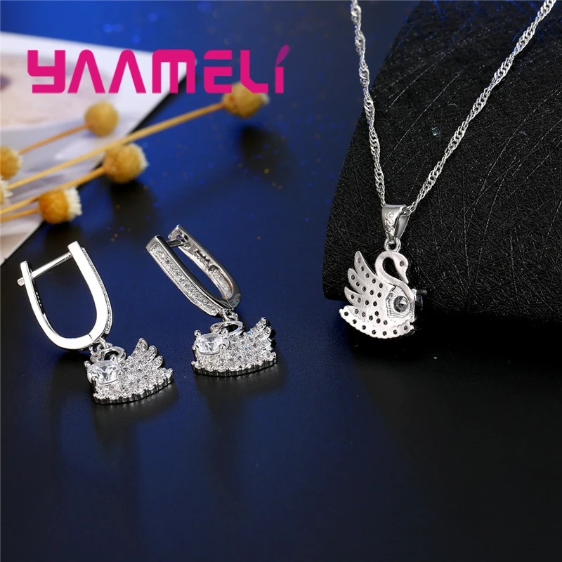 

Fashion Swan Jewelry Set 925 Sterling Silver Rhinestone Jewelry Set For Women Wedding Party Necklace Earrings Set