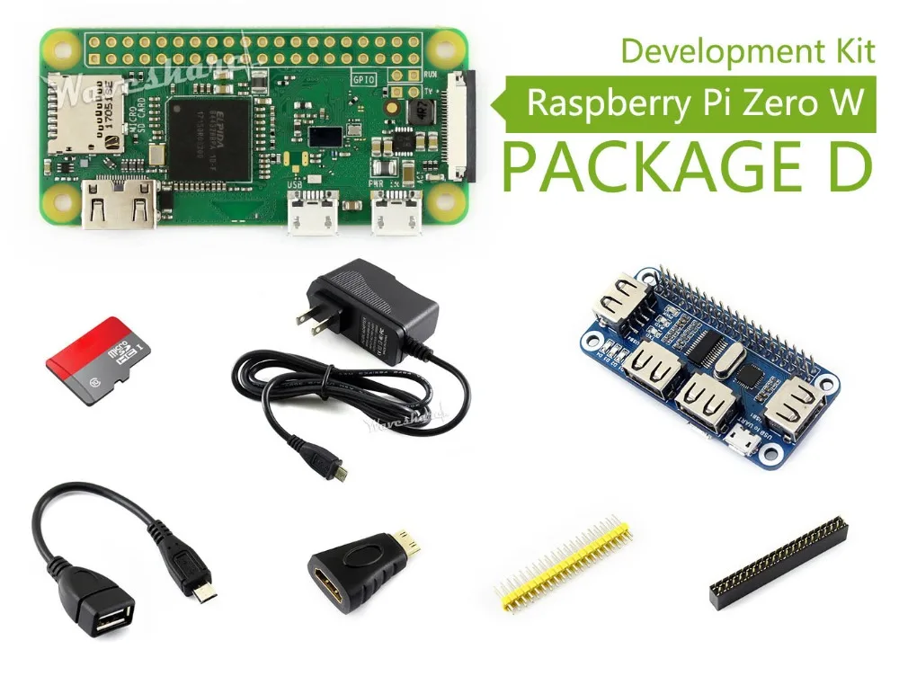 Raspberry Pi Zero W Package D Basic Kit Micro SD Card, Power Adapter, USB HUB, and Basic Components