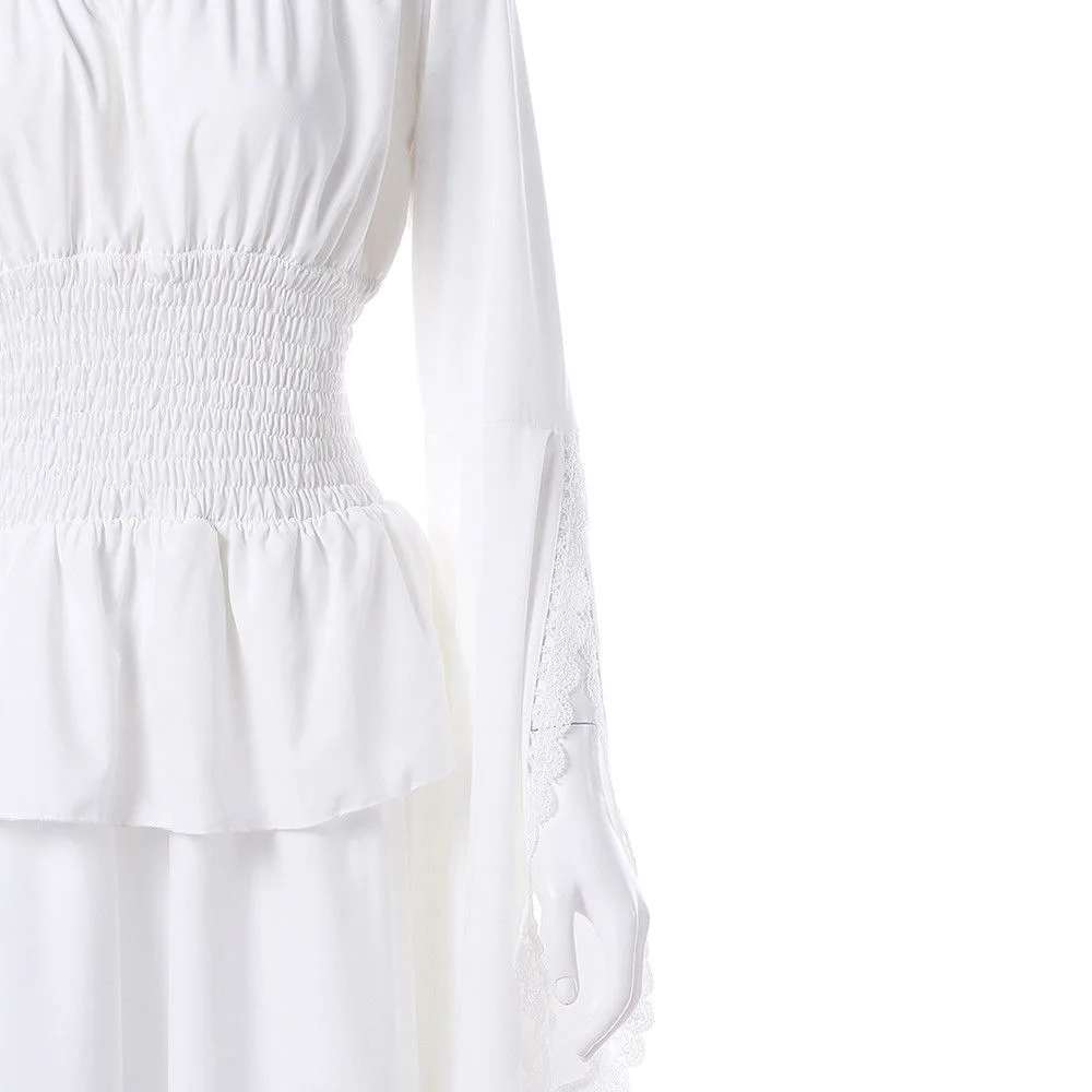 

New Women's Long Dress Fashion Stitching Irregular Trumpet Sleeves One-Neck Dress European And American Long-Sleeved Long Dress