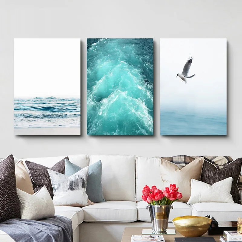 Скандинавский пейзаж волны пляж голубое море и небо Модульная картина холст