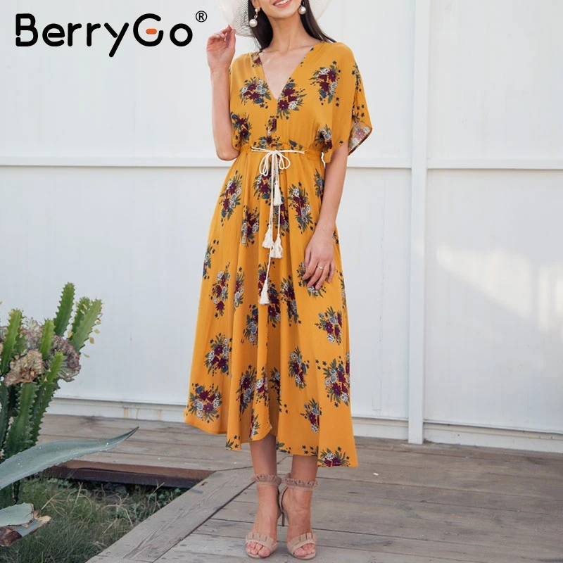 BerryGo зашнуровать печати длинное платье женщины кисточкой Высокая талия Пляж бохо