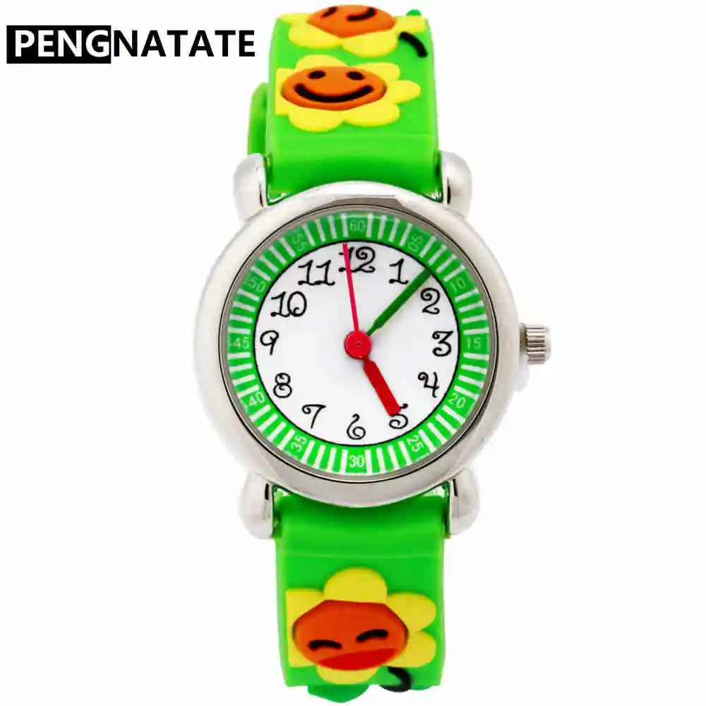 

PENGNATATE Kids Watches for Boys Girls Fashion Gift Green Strap 3D Sunflower Children Cartoon Watch Silicone Bracelet Wristwatch