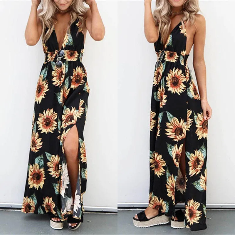 Цветочный принт Lang Maxi Kleid без рукавов с открытой спиной Sommer Kleider Strand принтом