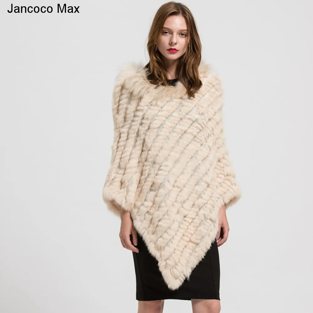 Jancoco Max Новое поступление Настоящее кроличье меховое Вязаное пончо воротник из меха енота шали женские зимние накидки пуловер S7110