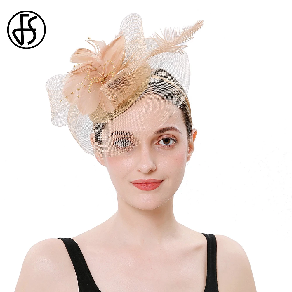 Женская шляпка с вуалью FS Элегантная в стиле дерби цветком и перьями свадебные