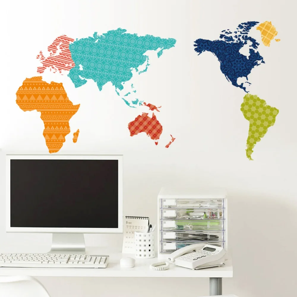

Colorful Pattern World Map Wall Stickers Removable Home Decor Kids Baby Nursery School Art Mural