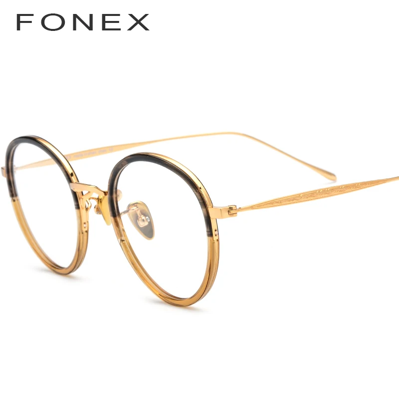 FONEX Pure B титановые оптические женские очки, винтажные круглые очки, оправа для мужчин, близорукость, очки по рецепту, корейские очки 853 - Цвет оправы: Коричневый