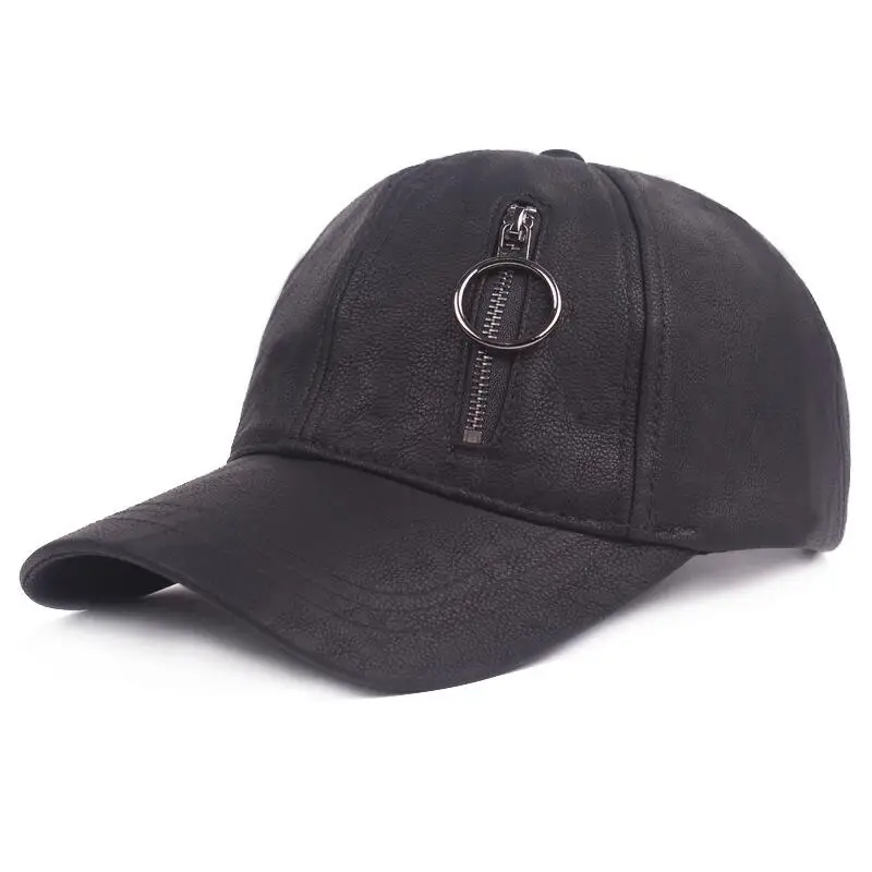 

Free Shipping 2018 New Fashion Punk Hip Hop Men Black PU Leather Zipper Snapback Caps Baseball Hats