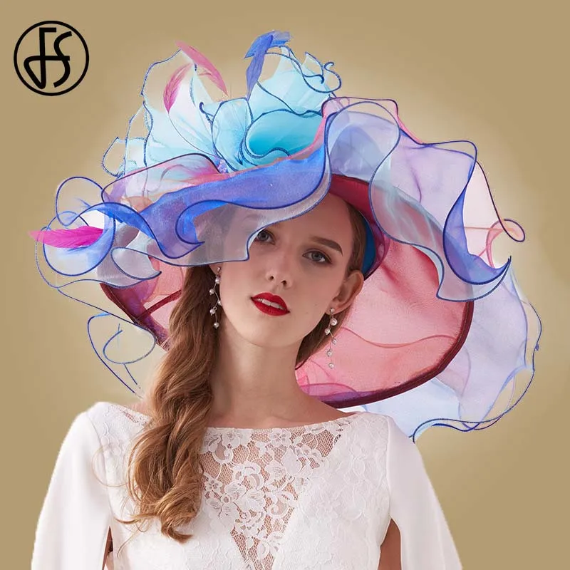 Light Blue Sun Hat FS розовый Кентукки Дерби шляпа для женщин органзы с большими широкими полями пляжные шляпы с цветами элегантные женские свадебные церковные вечерние фетровые шляпы - Цвет: Light Blue Sun Hat