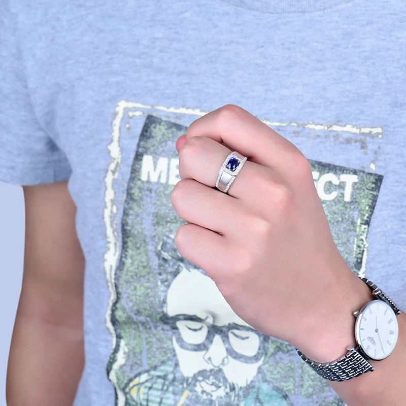 Модные мужские украшения из натурального синего сапфира Чистое Белое золото 14 к