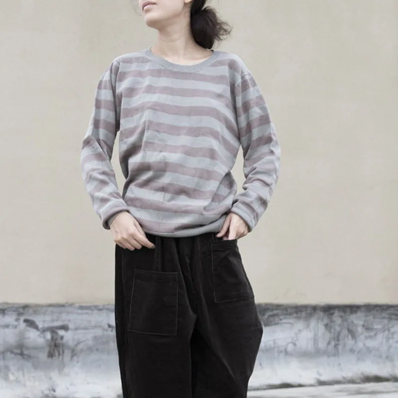 Новинка 2019 года винтажный осенне-зимний вязаный полосатый топ с круглым вырезом