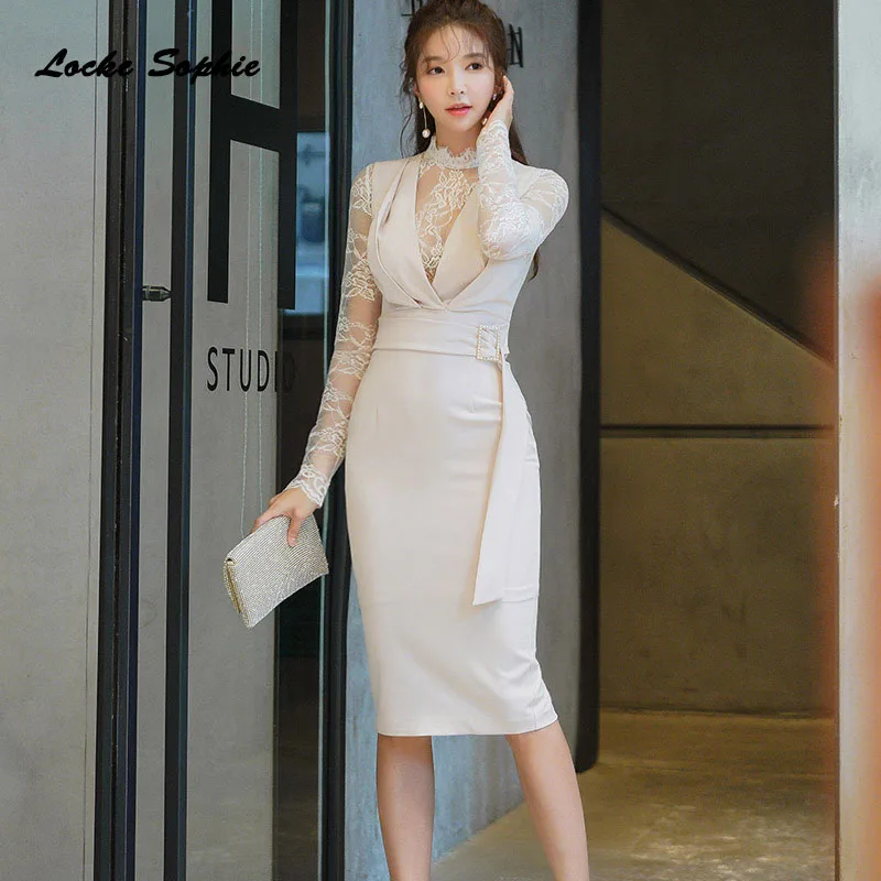 Женское платье с высокой талией облегающее офисное большого размера из