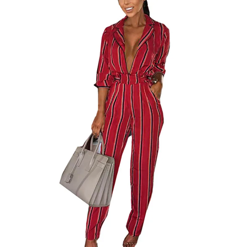 fashion striped printed jumpsuits for women 2018 turn down collar long rompers womens jumpsuit autumn new overalls femininos | Женская